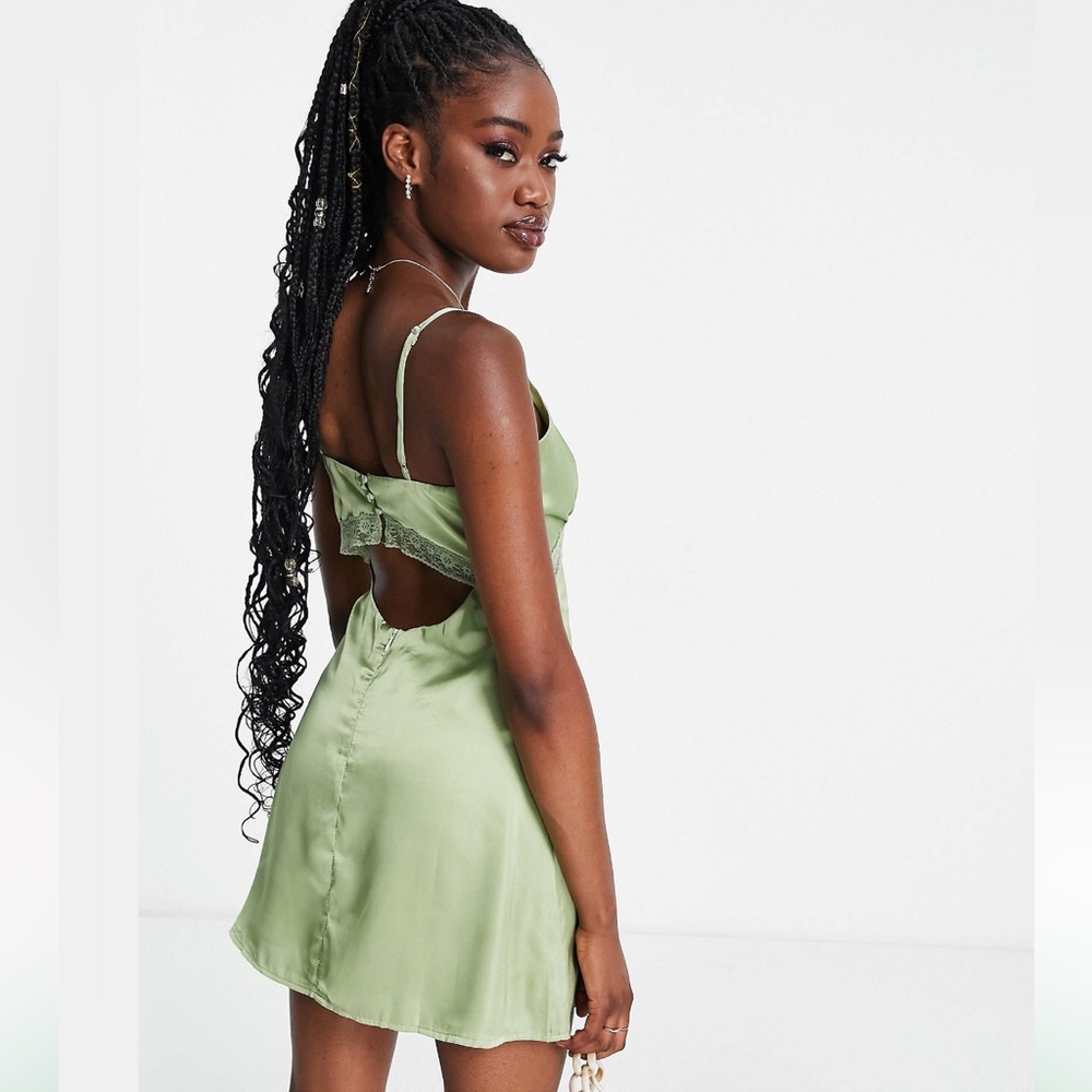 Love Triangle Satin Cami Dress With Lace Trim - Sage Green - Picture 3 of 7